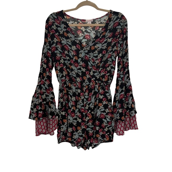 Xhilaration Button-Front Long Sleeve BohoRomper, Black Berry - Picture 3 of 11